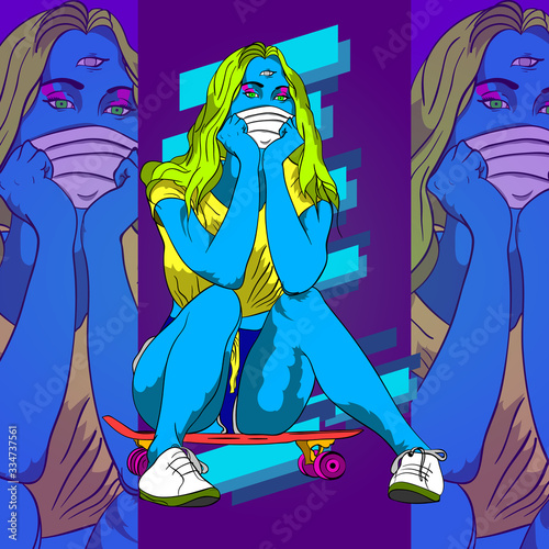 Masked girl sitting on a skateboard