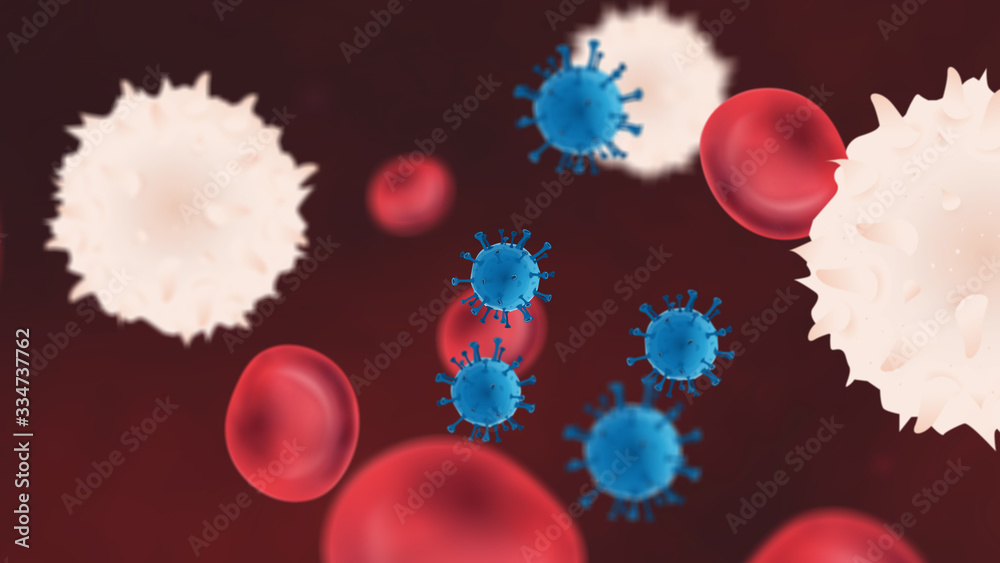 Virus particles in bloodstream with red and white blood cells Stock ...