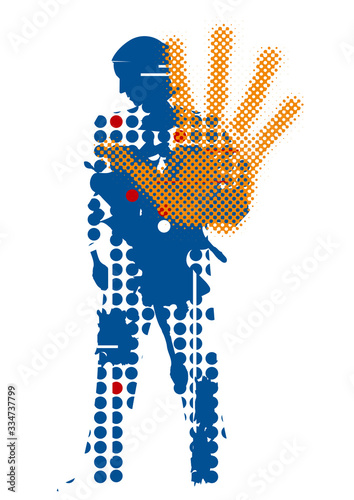  Male silhouette showing stop gesture, pandemic.  Coronavirus self isolation symbol. Isolated on white background. Vector available.