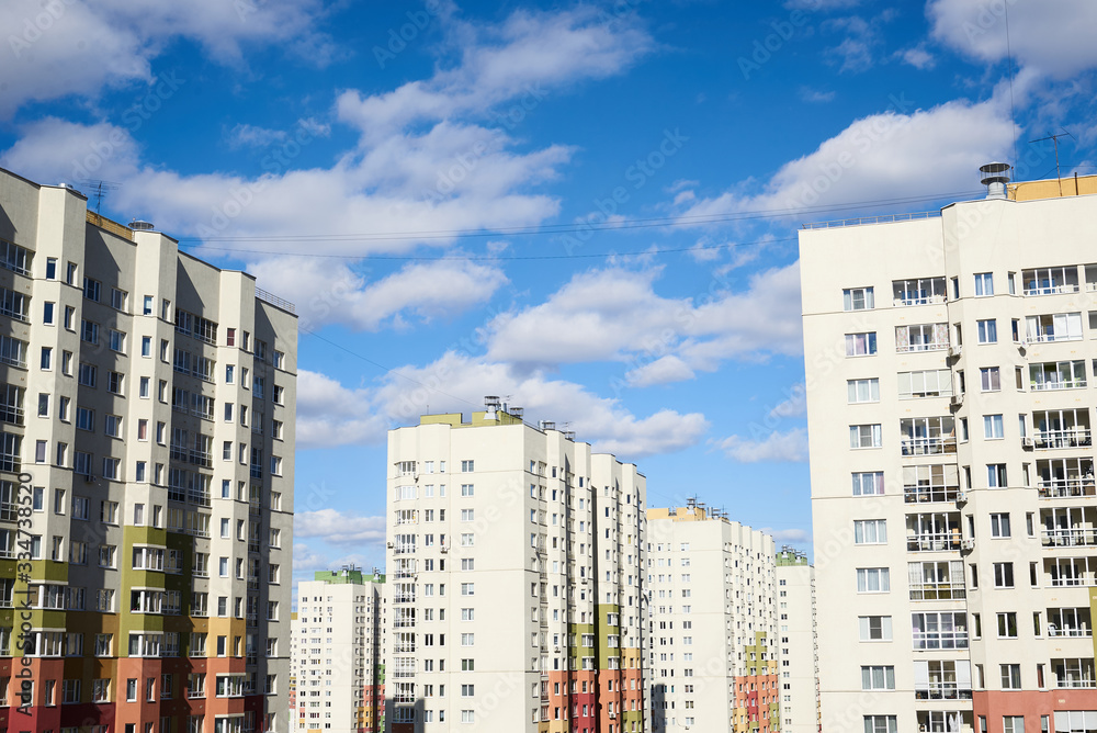 Fototapeta premium Empty residential complex of modern construction in self-isolation mode of coronavirus