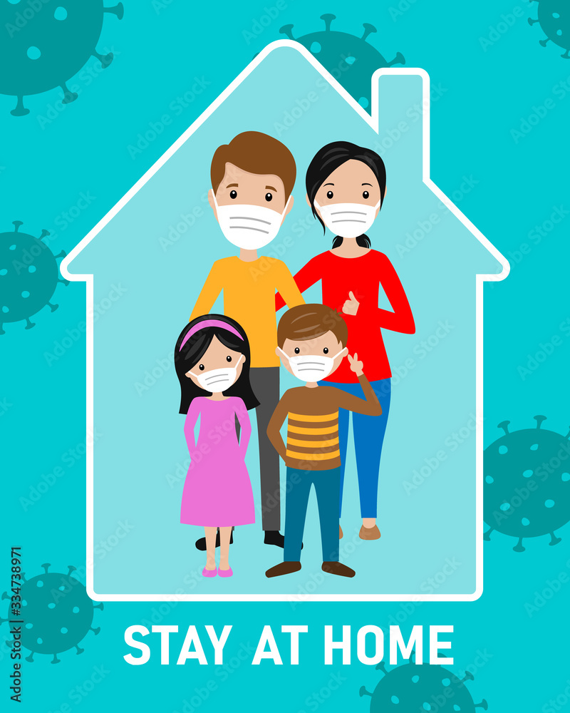 Family at home with masks to prevent covid-19 infections