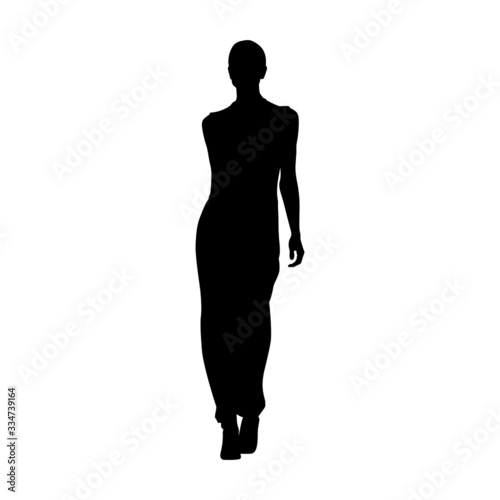 Sexy woman walking, front view isolated vector silhouette. Catwalk, slim tall model