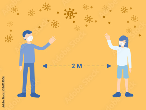 Social Distancing, Man and Woman keeping distance for infection risk and disease among viruses ,wearing protective medical mask . Illustration about Coranavirus or Covid-19.