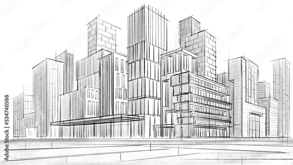 Architectural abstract sketch of a complex of buildings.