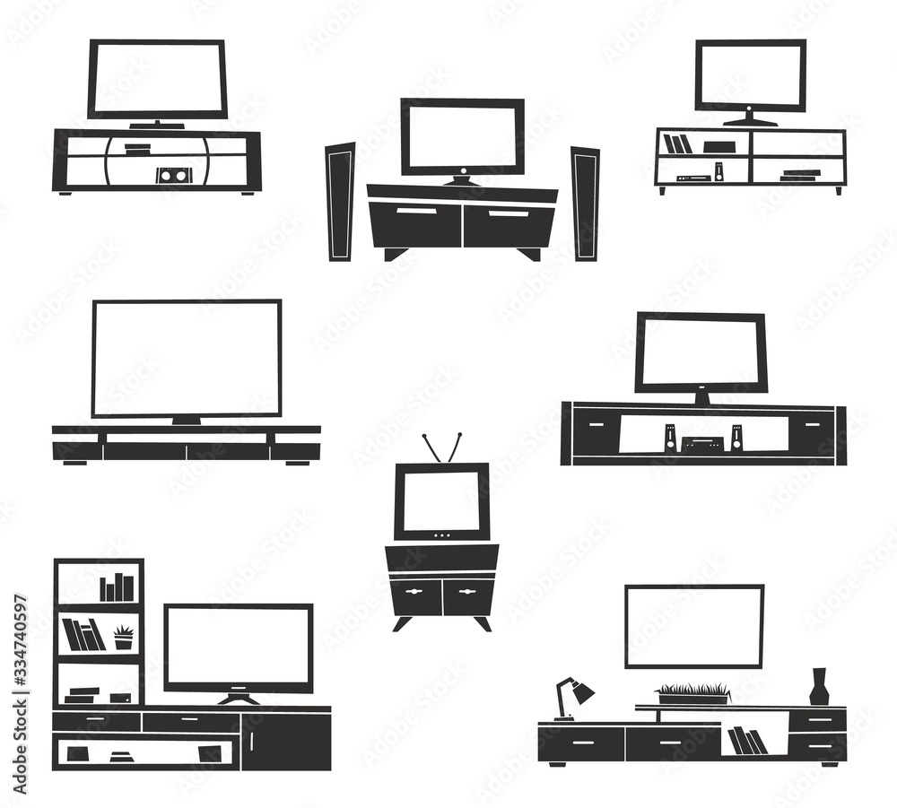 Modern TV table stand with glass shelves. Vector Tv Stands furniture icon set.