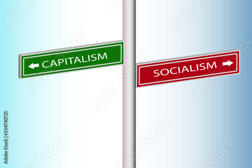 Capitalism and Socialism direction arrow boards. Green and red signboard vector illustration design.