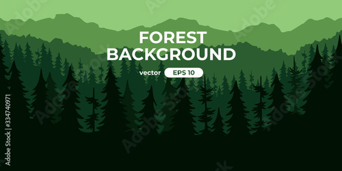 Seamless forest landscape. Colorful silhouette with trees, pines, firs, mountains and hills. Layered background with parallax effect. Flat style vector illustration. Simple cartoon design.