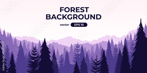 Seamless forest landscape. Colorful silhouette with trees, pines, firs, mountains and hills. Layered background with parallax effect. Flat style vector illustration. Simple cartoon design.