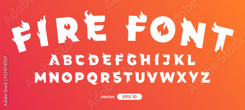 Fire alphabet. Burning letters. Flat style vector illustration. Font set isolated on a white background. Cartoon simple modern design.