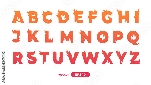 Fire alphabet. Burning letters. Flat style vector illustration. Font set isolated on a white background. Cartoon simple modern design.