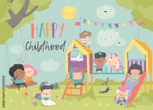 Happy children playing at playgroung. Hello summer