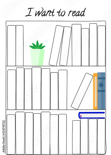 Vector illustration for printable with shelf and books on white background. Minimalist planner of reading for journal page, habit tracker, daily planner template, blank for notebook. A4 paper sheet.
