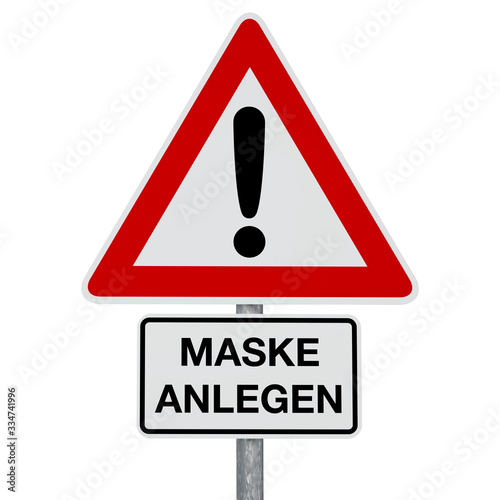 Caution - MASKE ANLEGEN - German text - digitally generated image - clipping path included