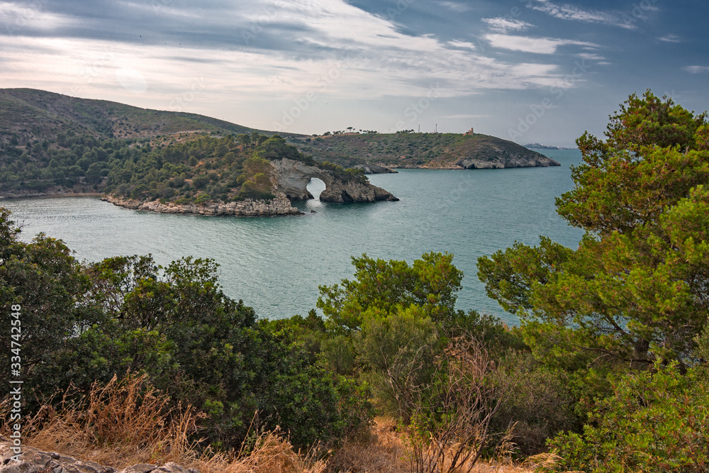 Panoramic view of the rugged Gargano coast in Puglia, Italy.