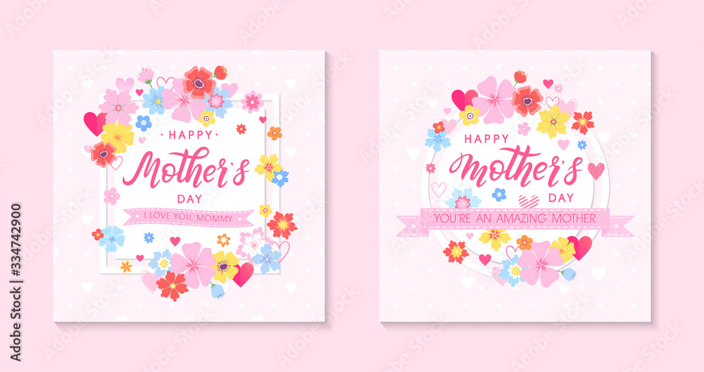 Bundle of  Mothers Day cards with hand drawn lettering, floral elements, flowers and hearts.Beautiful templates perfect for decoration,prints,banners,invitations.Mothers Day vector illustrations.