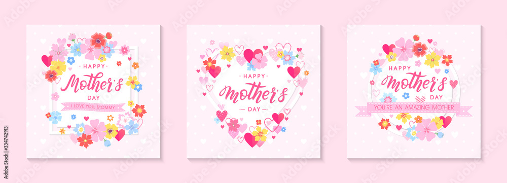 Bundle of  Mothers Day cards with hand drawn lettering, floral elements, flowers and hearts.Beautiful templates perfect for decoration,prints,banners,invitations.Mothers Day vector illustrations.
