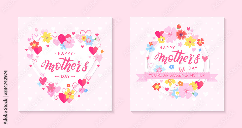 Bundle of Mothers Day cards with hand drawn lettering, floral elements, flowers and hearts.Beautiful templates perfect for decoration,prints,banners,invitations.Mothers Day vector illustrations. Bundle of Mothers Day cards with hand drawn lettering, floral elements, flowers and hearts.Beautiful templates perfect for decoration,prints,banners,invitations.Mothers Day vector illustrations.