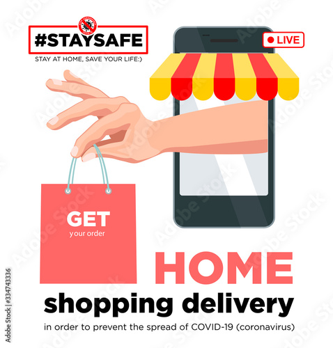 Stay home with your social media campaign and prevent coronavirus infection. Shopping delivery Internet purchases. Social advertising, poster, sticker, vector.