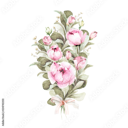 A bouquet of flowers and leaves  peonies and roses. Watercolor