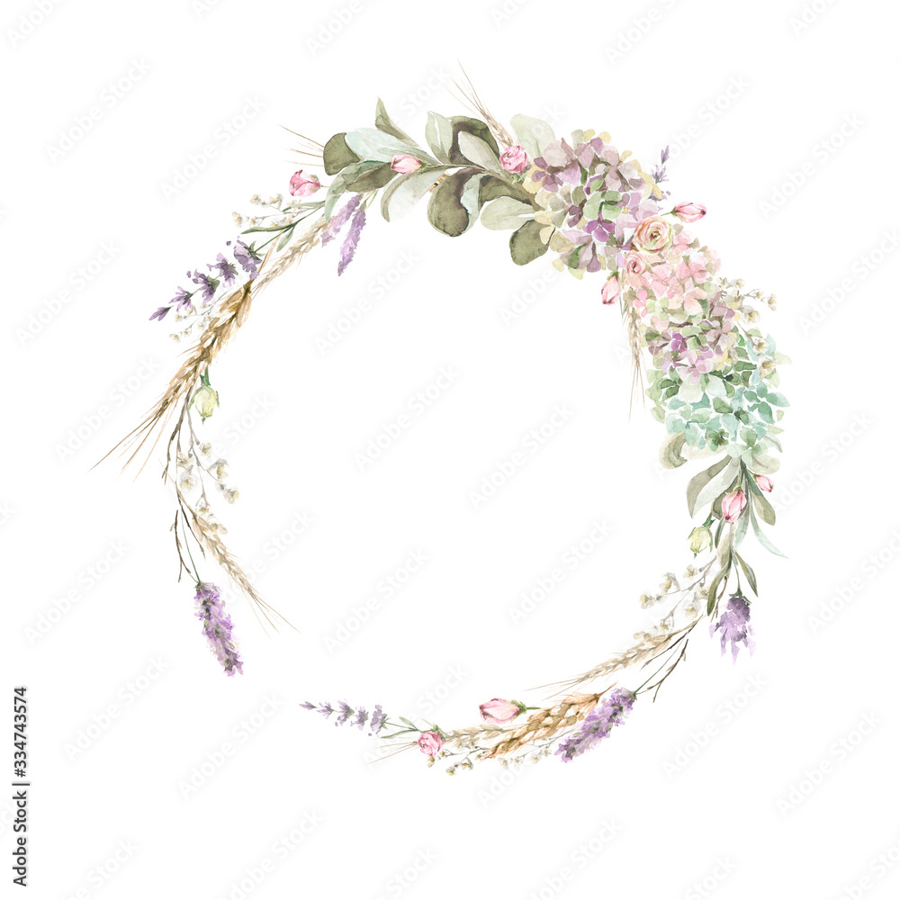 Hand painted watercolor wreath with roses, lavander and foliage. Romantic floral rustic set perfect for fabric textile, vintage paper, scrapbooking, invitation or greeting cards.