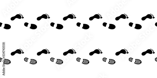 Flat linear design. The path of human footprints in shoes. Human footprints isolated on a white background. Vector illustration.