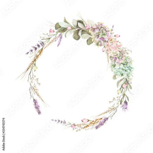 Hand painted watercolor wreath with roses, lavander and foliage. Romantic floral rustic set perfect for fabric textile, vintage paper, scrapbooking, invitation or greeting cards.