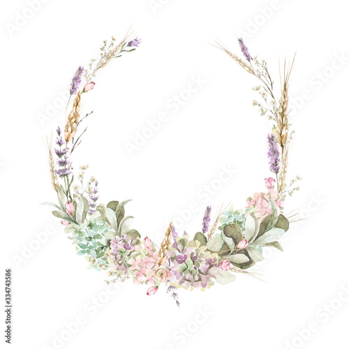Hand painted watercolor wreath with roses, lavander and foliage. Romantic floral rustic set perfect for fabric textile, vintage paper, scrapbooking, invitation or greeting cards. © 60seconds