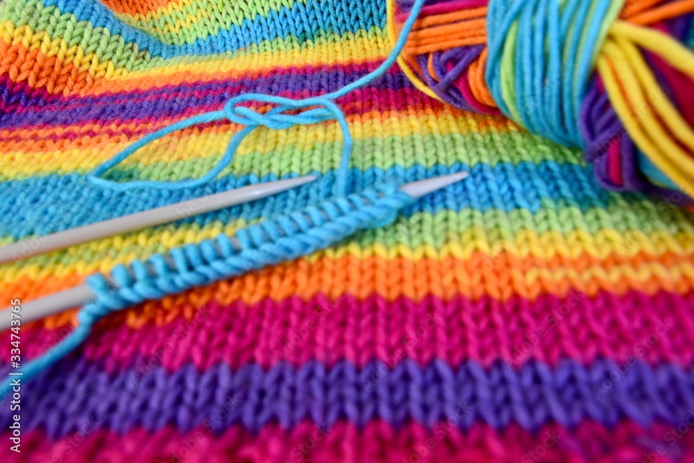 Close up of knitting in bright colours 
