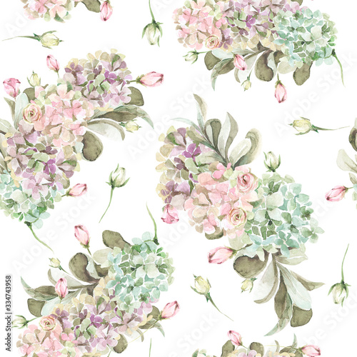 Hand painted watercolor provence floral pattern with flowers of pink roses and hydrangea, foliage. Romantic seamless pattern perfect for fabric textile, vintage paper or scrapbooking