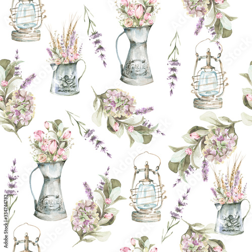Hand painted watercolor seamless pattern with lantern, jug, lavender flowers, ears, leaves, branches. Provence style