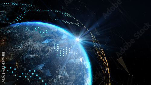 Fototapeta Naklejka Na Ścianę i Meble -  The sun's rays over earth in outer space. Global world network and telecommunication on earth. Elements of this image furnished by NASA - 3d illustration.