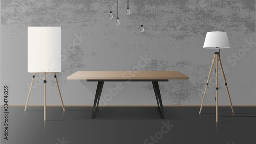 Wooden table with black metal base. Empty table, wooden easel, floor lamp, gray, concrete wall. Vector illustration