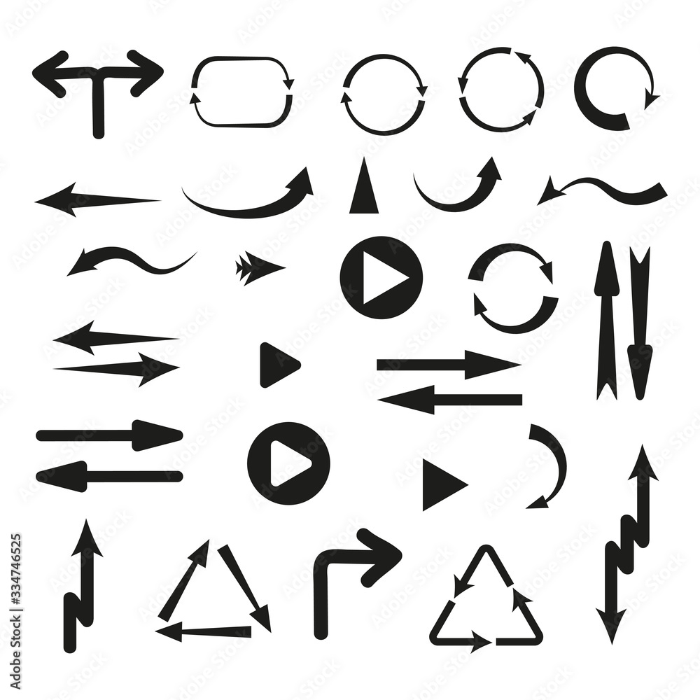 Collection of vector arrows. Black arrows cursors set icon, back, side, preview of applications or values of web design, mobile application, map. Flat style on white background. Vector