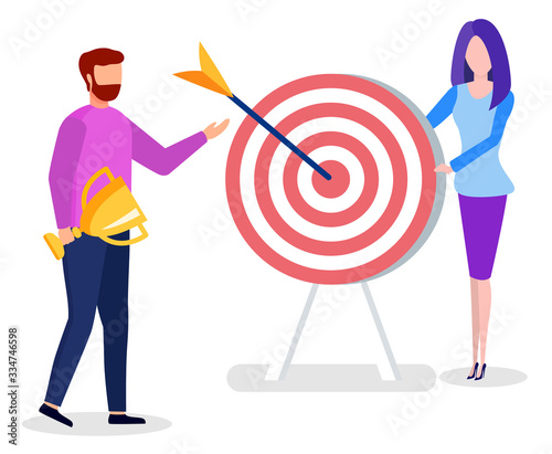 Workers man holding cup and woman with target and arrow in center. Learning online of business strategy and success. Educational technology of male and female with victory and profit object vector