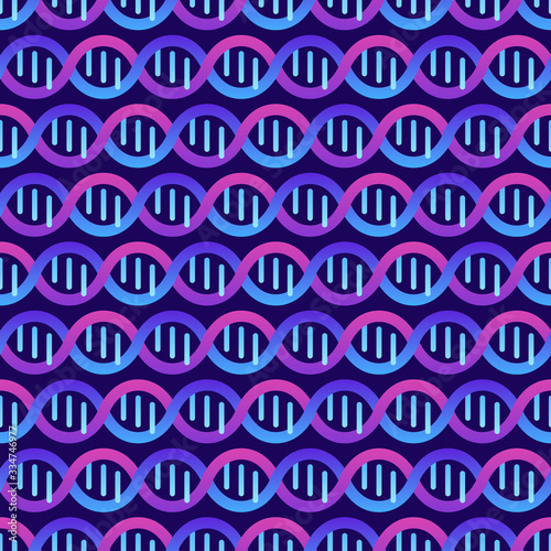 Genetic abstract concept. Vector color flat illustration. Seamless pattern of blue gradient DNA horizontal helix isolated on background. Design tile for gene science web, healthcare backdrop.