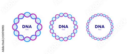 Genetic abstract concept. Vector color flat illustration. Set of circle frame banner of DNA helix and copy space isolated on white. Blue pink gradient Design for gene science, medicine advertisment.