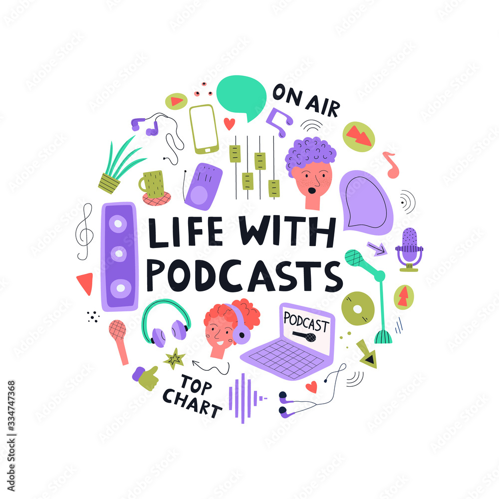 Podcasts concept clipart. Color flat icons for blogging and vlogging. Live streaming. Vector illustration