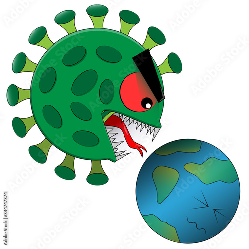 vector illustration of an evil green huge coronavirus with open toothy mouth and red eye attacking the squinting planet Earth