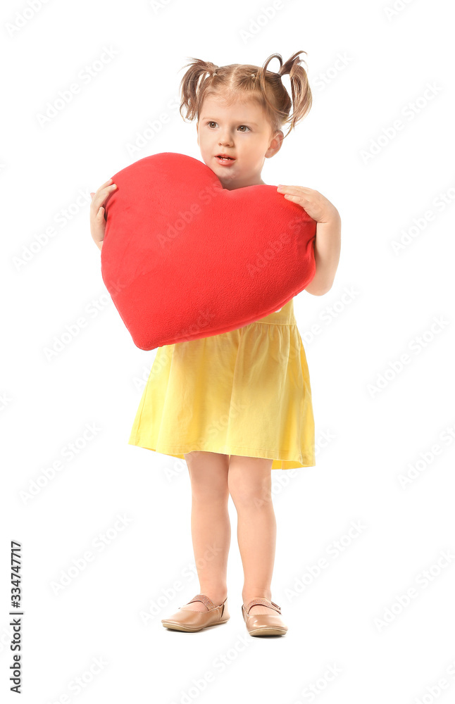 Cute little girl with red heart on white background Cute little girl with red heart on white background