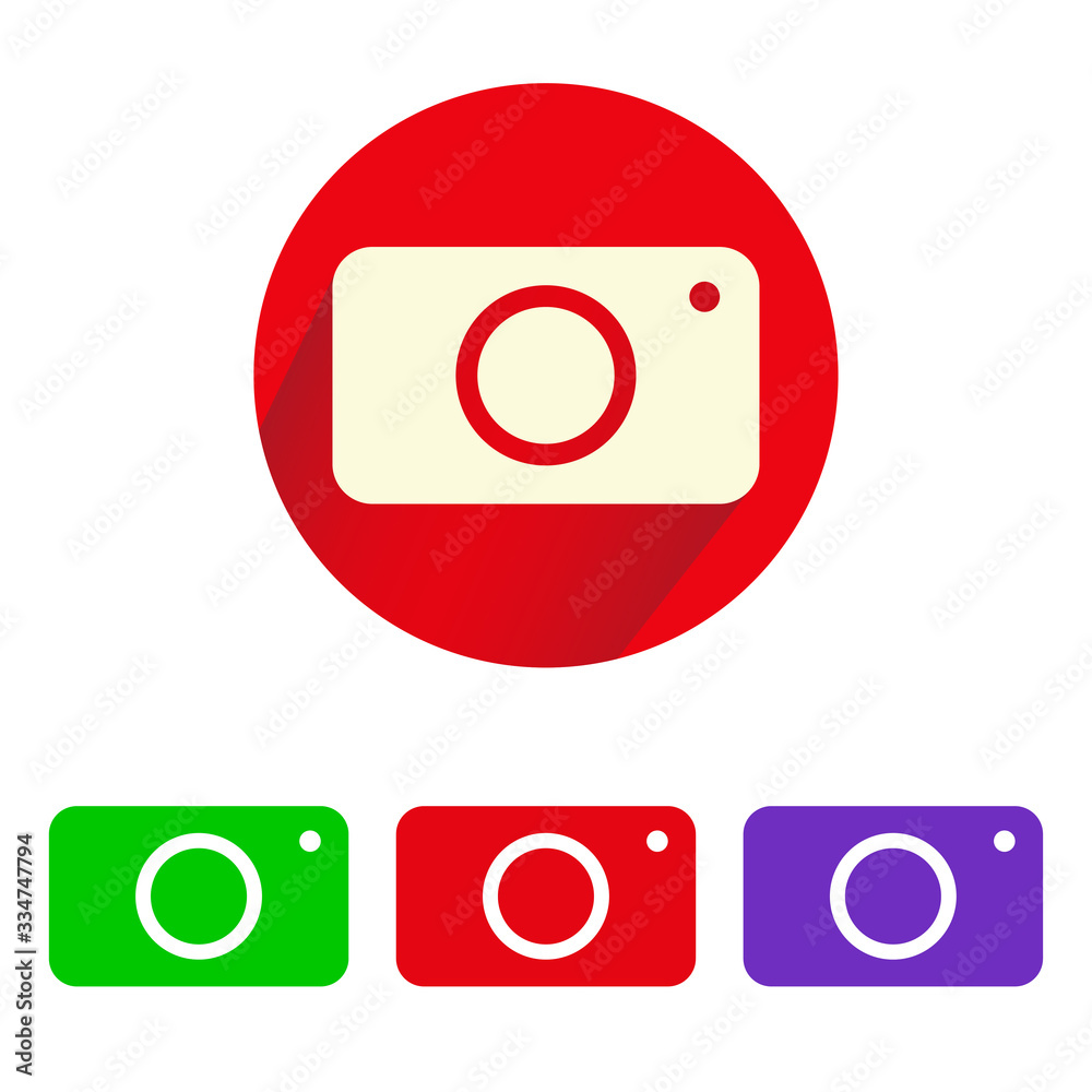 Camera icons set of different colors, camera with shadow. Illustration of camera design in flat style isolated on white background. Vector illustration - obrazy, fototapety, plakaty 