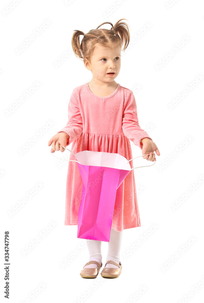 Cute little girl with shopping bag on white background Cute little girl with shopping bag on white background