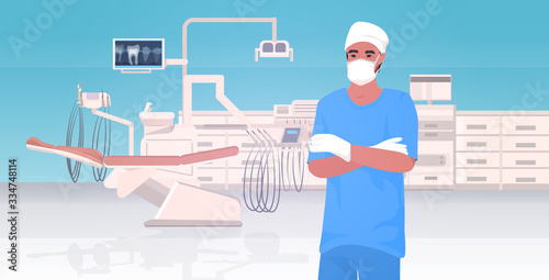 male dentist in protective mask and gloves folded hands hospital medical clinic worker in uniform medicine healthcare concept modern dental clinic interior portrait horizontal vector illustration