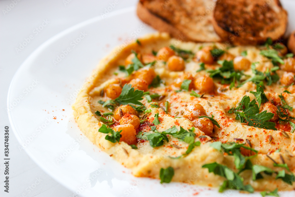 Chickpea hummus, made with croutons