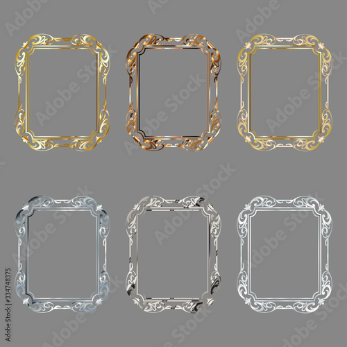 Set of decorative frames and borders standard rectangle proportions backgrounds vintage design elements gold and silver colors. Vector