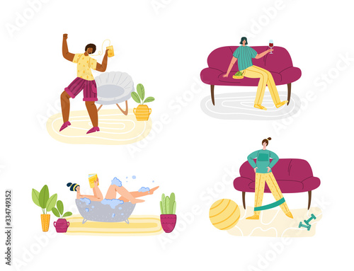 Stay home concept - women and home activities for covid-19 quarantine isolation - taking bath, dancing, sport exercise and resting,, flat cartoon characters isolated on white - vector illustration