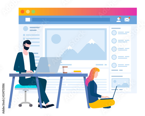 Man and woman communicating with webpage in laptop. People using pc wireless device and social media website. Interface of social-network app and male and female with computer at desktop vector