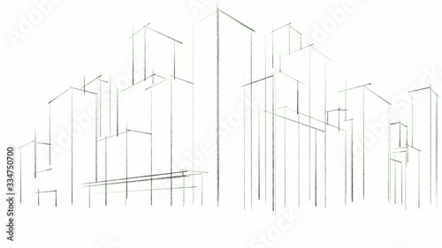 Architectural animated hand drawn sketch of a complex of buildings