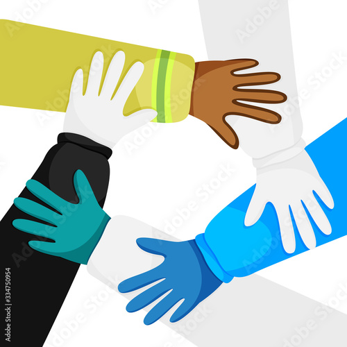 Vector illustration of hands of diverse workers isolated. Concept of cooperation, unity, togetherness, partnership, teamwork in quarantine time. Doctors, police officer and firefighter working for you