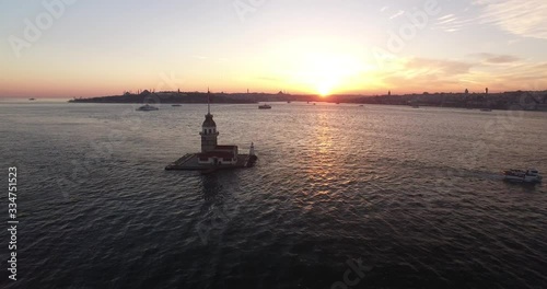 maidens tower bosphorus sunset with boat 4K drone footage