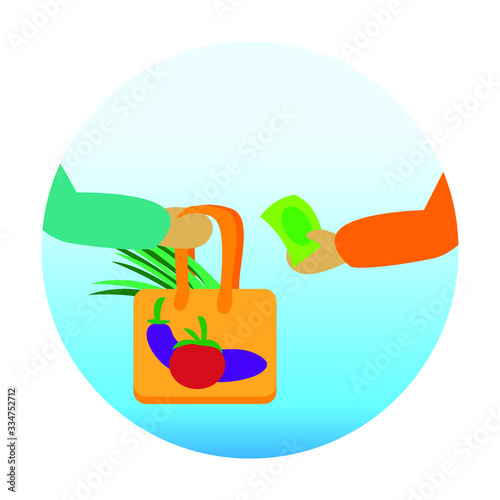 Vector image with food / products delivery concept. A hand holding a bag of vegetables, and another hand holding money in exchange.